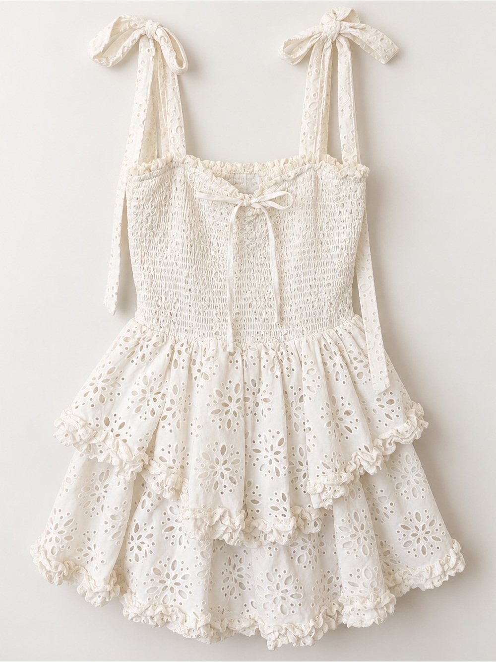 Yumi Kim Rita White Eyelet Smocked Tie Strap Ruffle Mini Dress